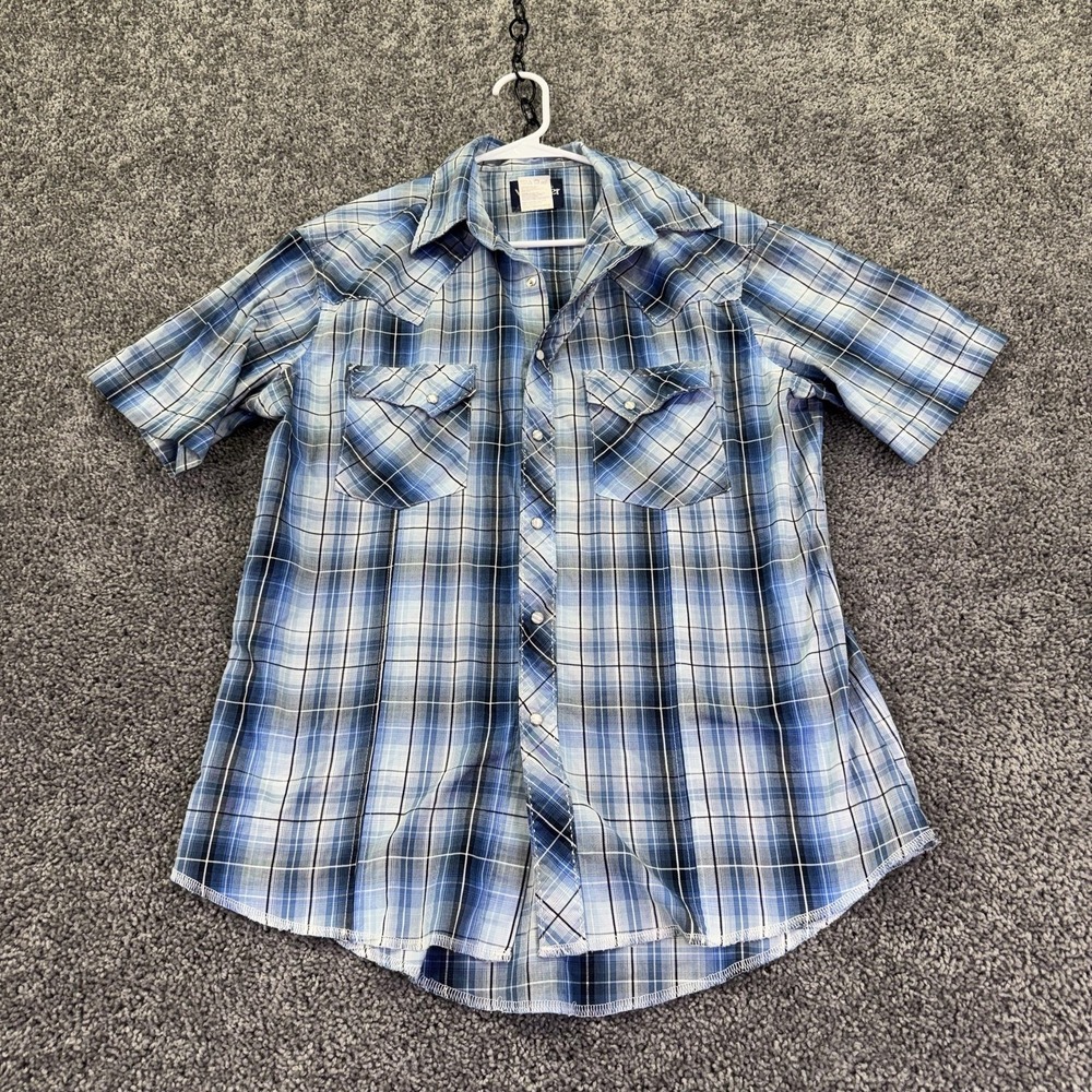 Wrangler Shirt Mens Medium Blue Plaid Short Sleeve Snap Western Pockets Casual